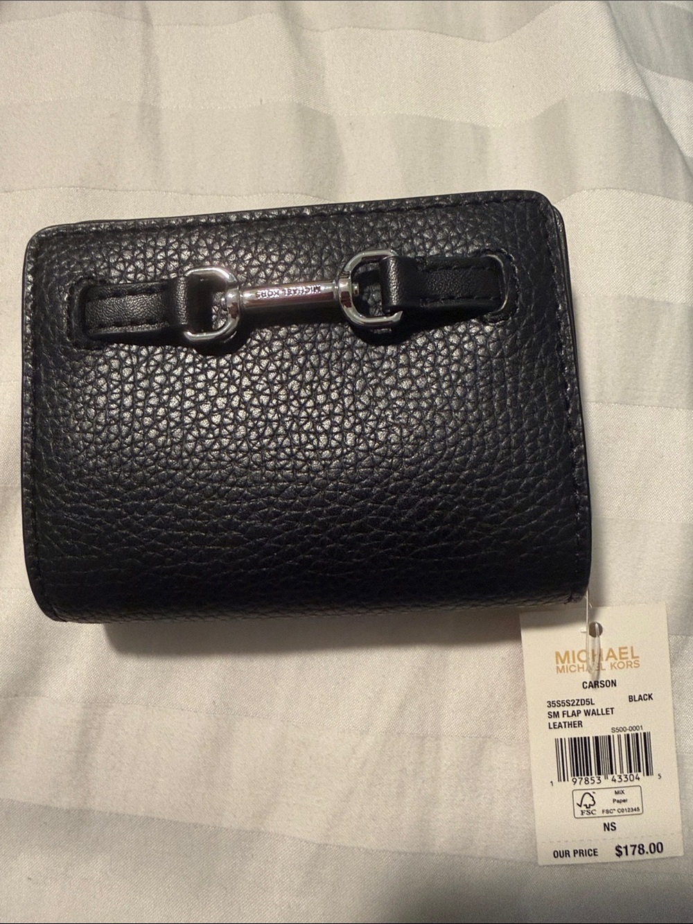 Michael Kors Black Pebbled Leather Small Flap Wallet with Silver Hardware